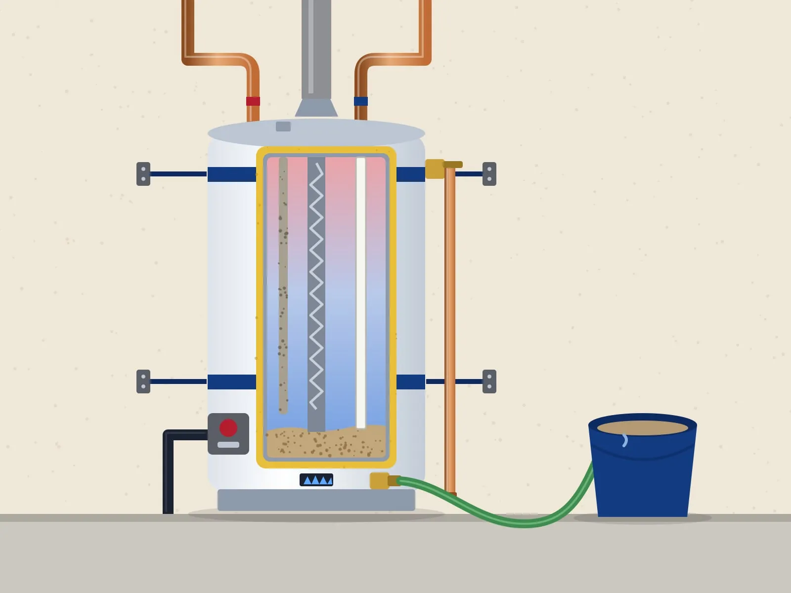 Illustration of a tank water heater in cutaway, showing the anode rod and sediment, with two seismic straps and a hose draining into a bucket