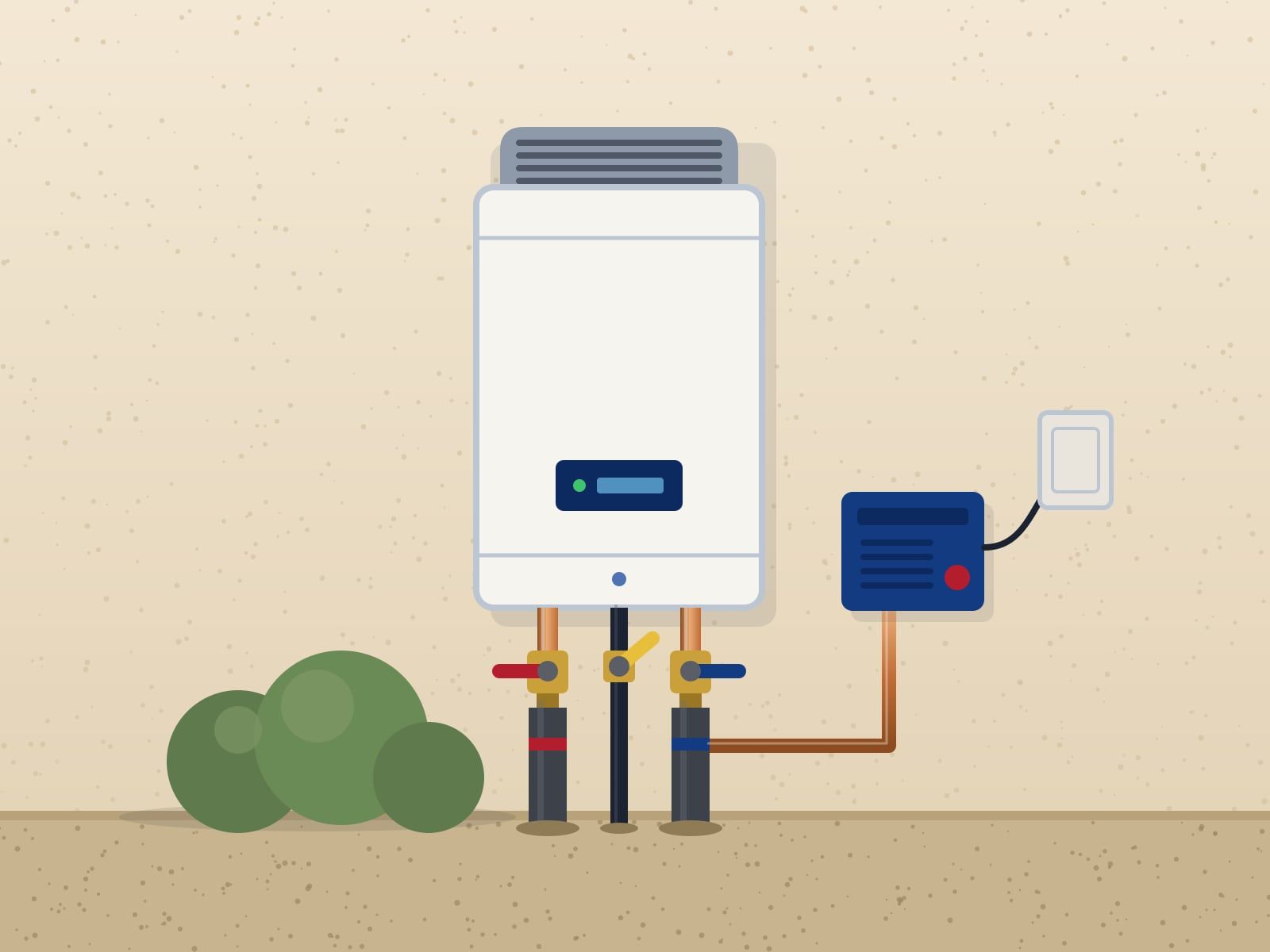Illustration of a tankless water heater on an outside stucco wall with its gas valve, insulated water lines and a recirculation pump box